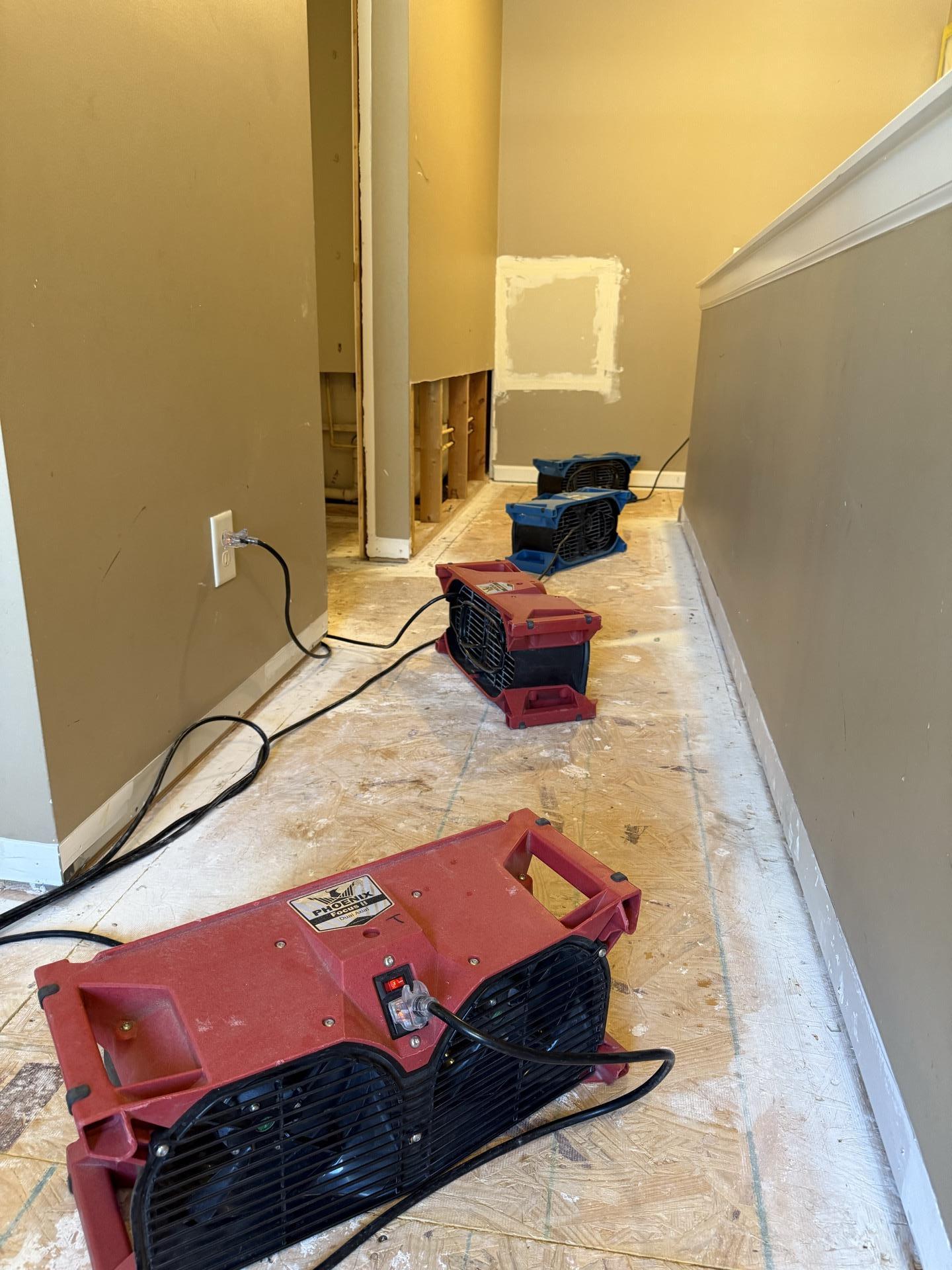 Air movers staged down a commercial hallway during drying