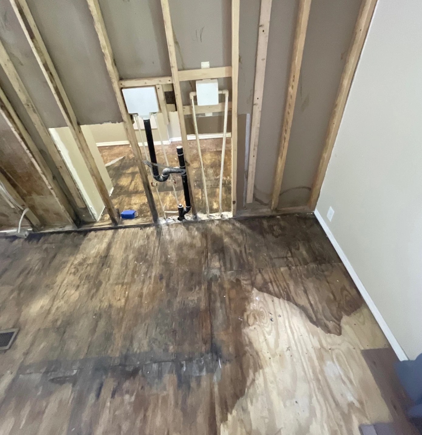 Exposed subfloor and wall studs after water damage extraction in Salt Lake City
