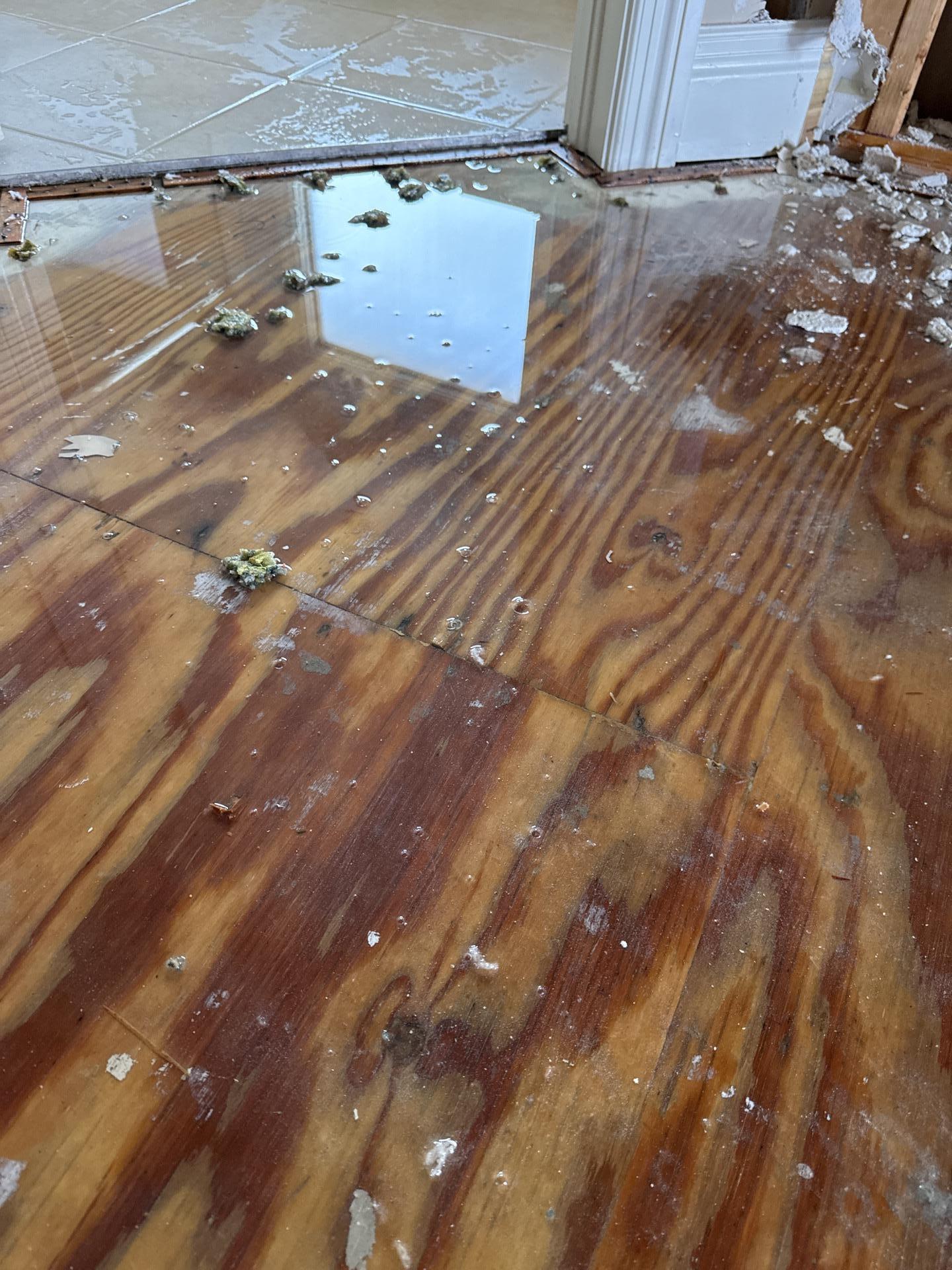 Standing water and damage on wood subfloor from storm intrusion in Salt Lake City